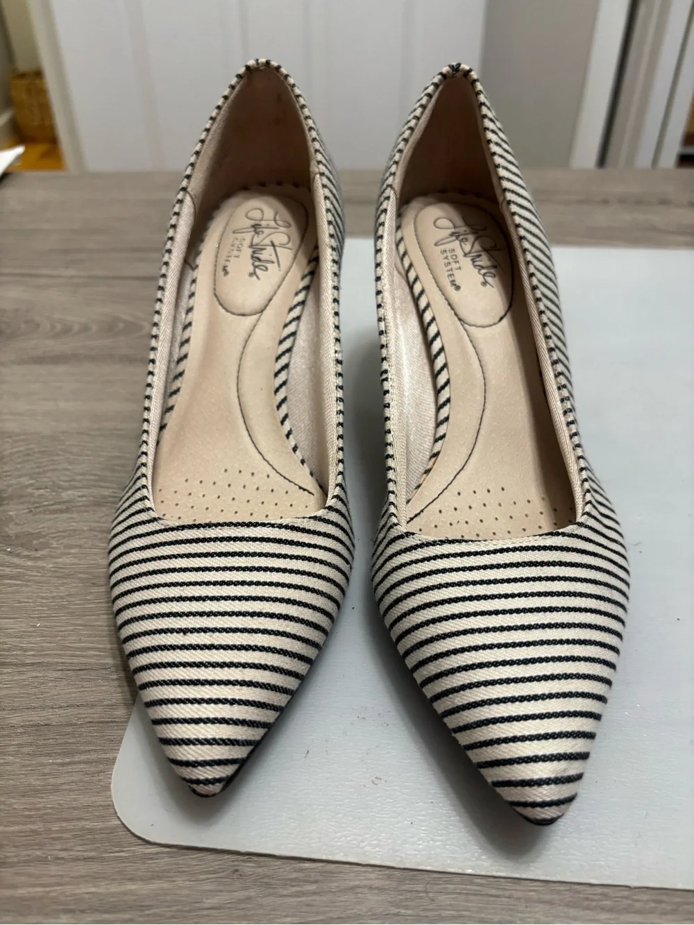 Life Stride Cream and Black Striped Pointed Toe Heels